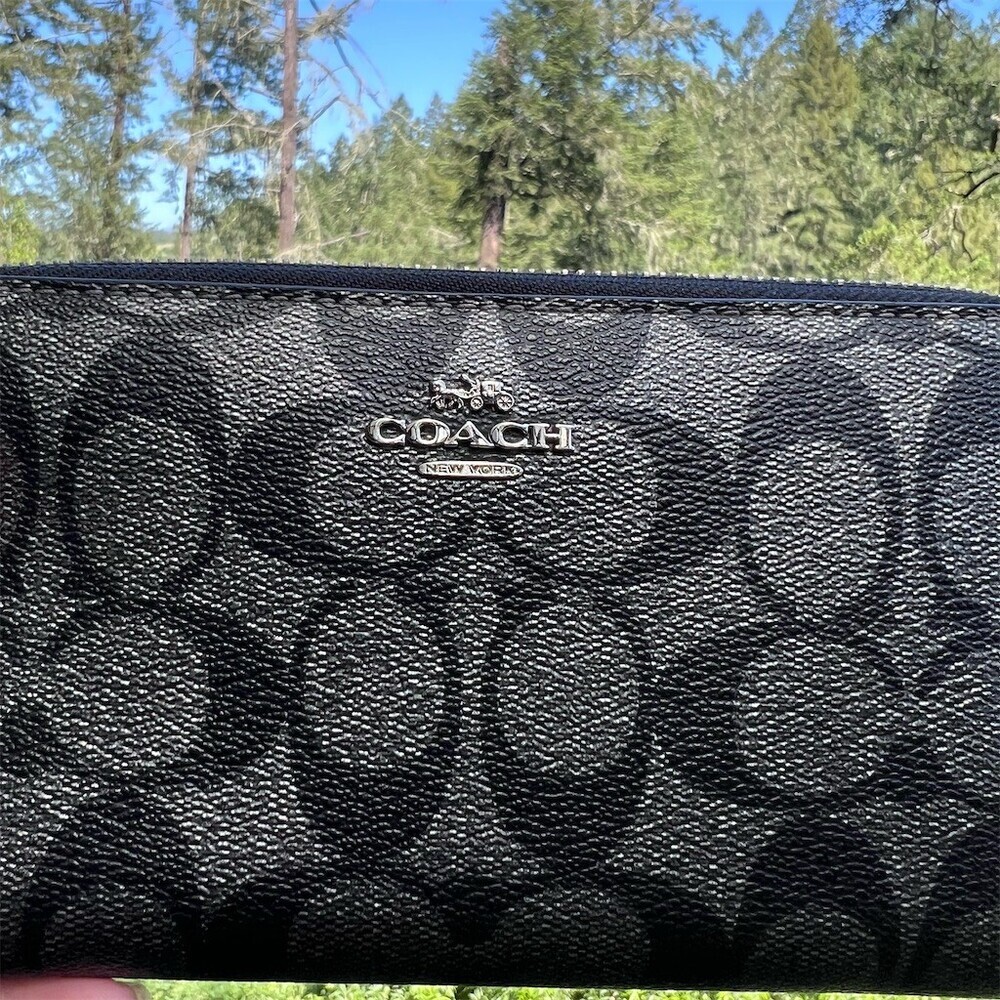 COACH Long Zip-Around Wallet Signature Metallic Black/Gray with Silver Hardware - Picture 9 of 10